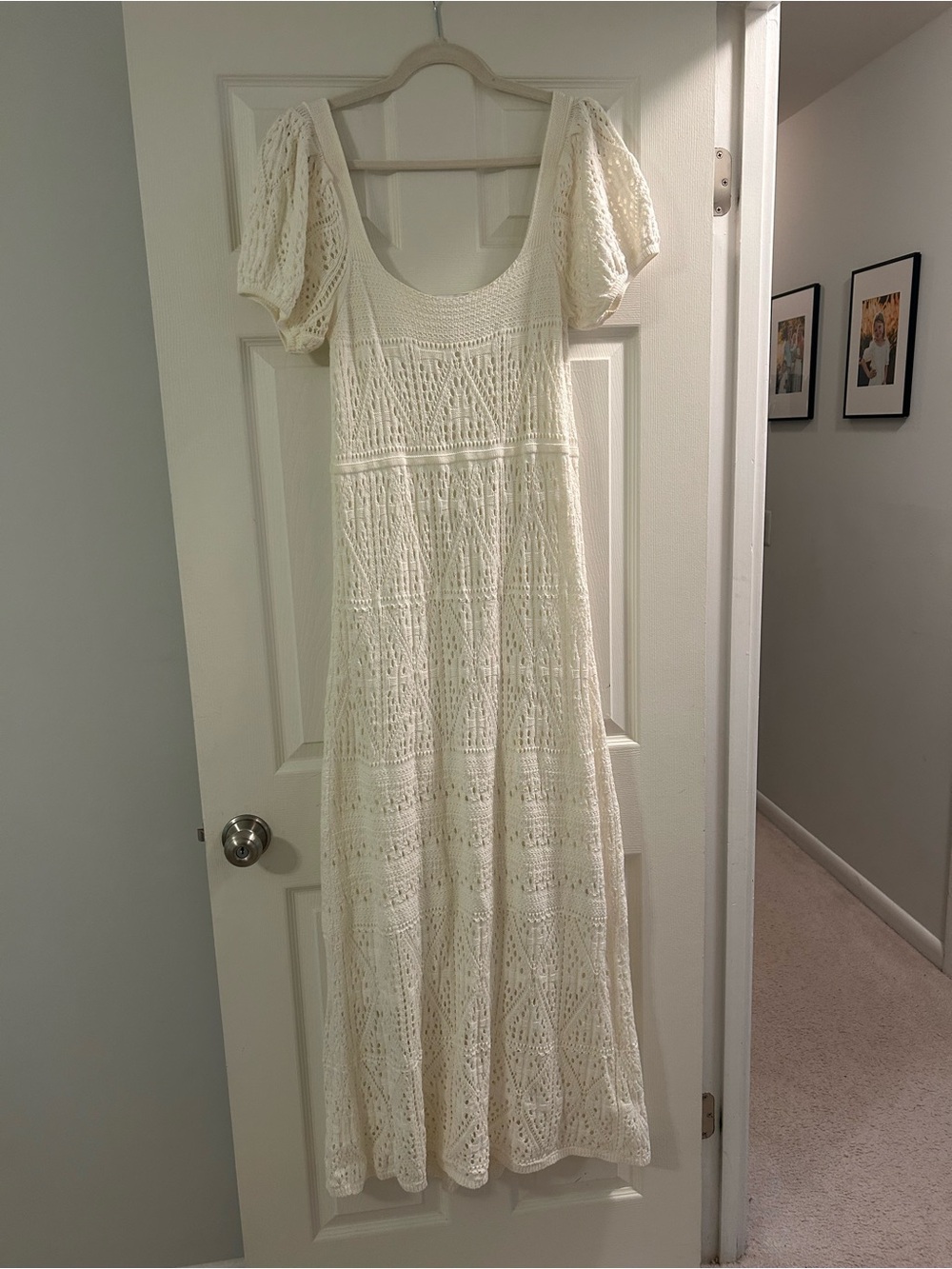 Zara Cream Crochet Maxi Dress with Puff Sleeves